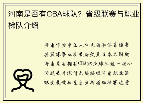 河南是否有CBA球队？省级联赛与职业梯队介绍